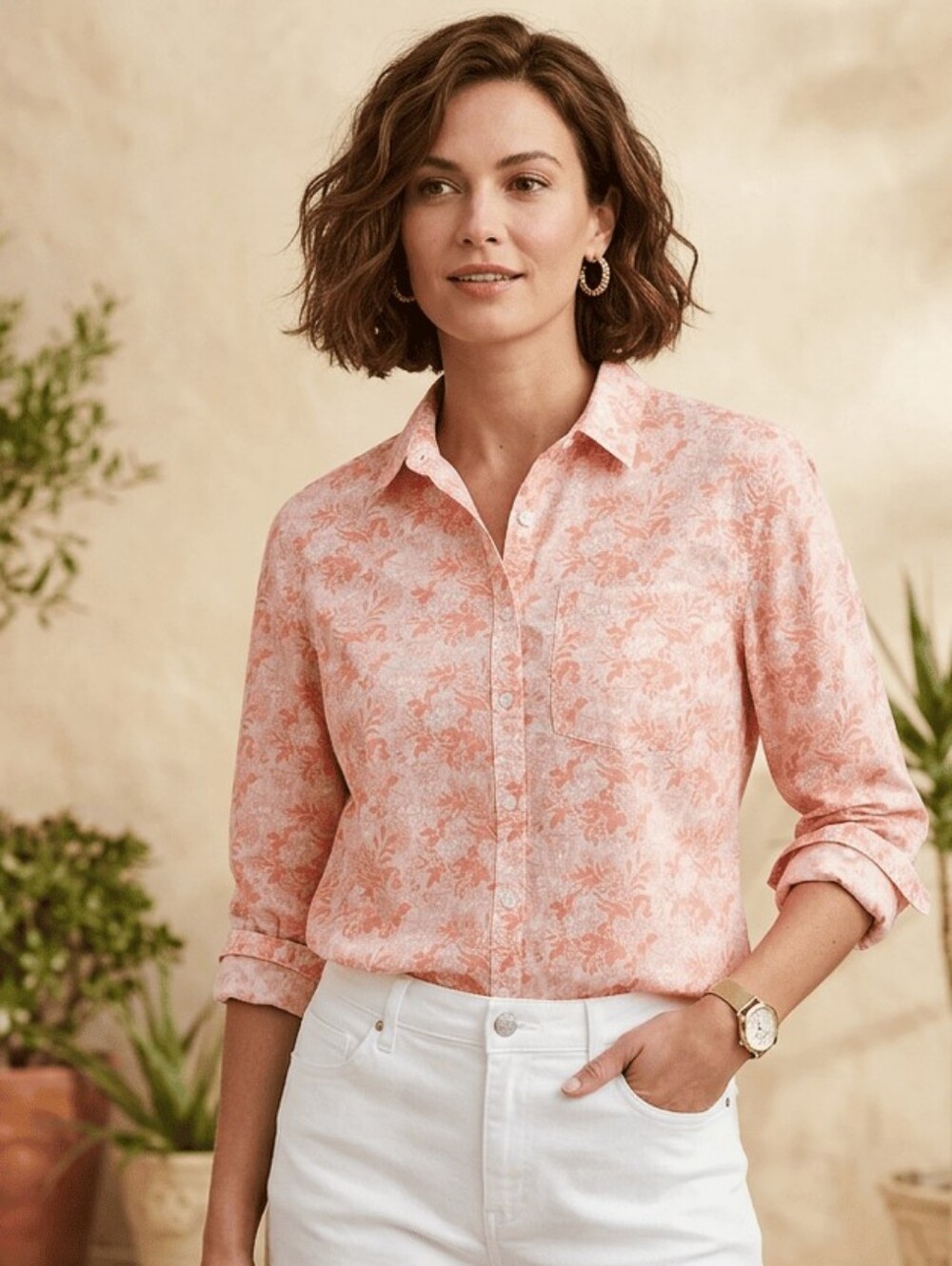 Lands' End Womens L Linen/Cotton Long Tab Sleeve Shirt Button Up Peach Floral